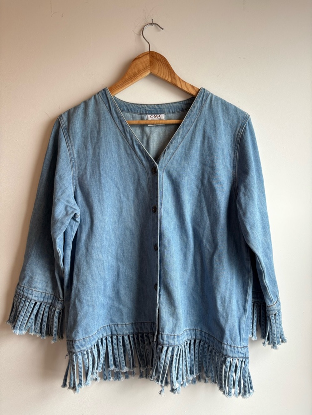 Light Wash Denim Fringe Blouse